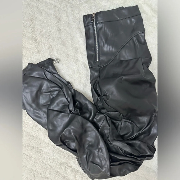 MANIERE DE VOIR - Tacked Vegan Leather Flared Trousers in Black - Picture 5 of 14